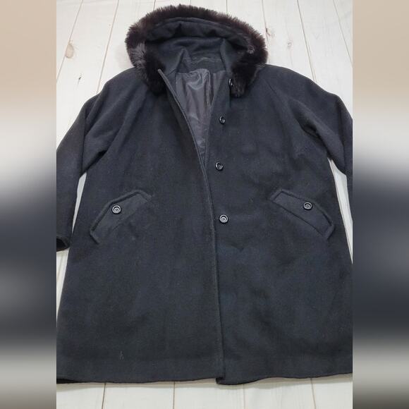 Vintage ILGWU real fox fur trim trench coat peacoat jacket wool - Picture 3 of 15